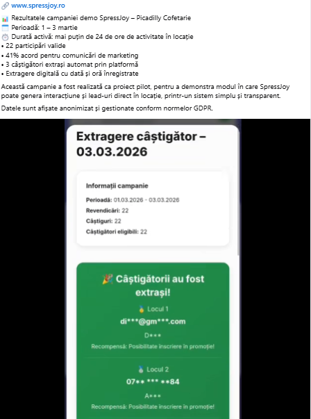 Rezultate campanie SpressJoy cu încercări, revendicări și buton de extragere câștigător